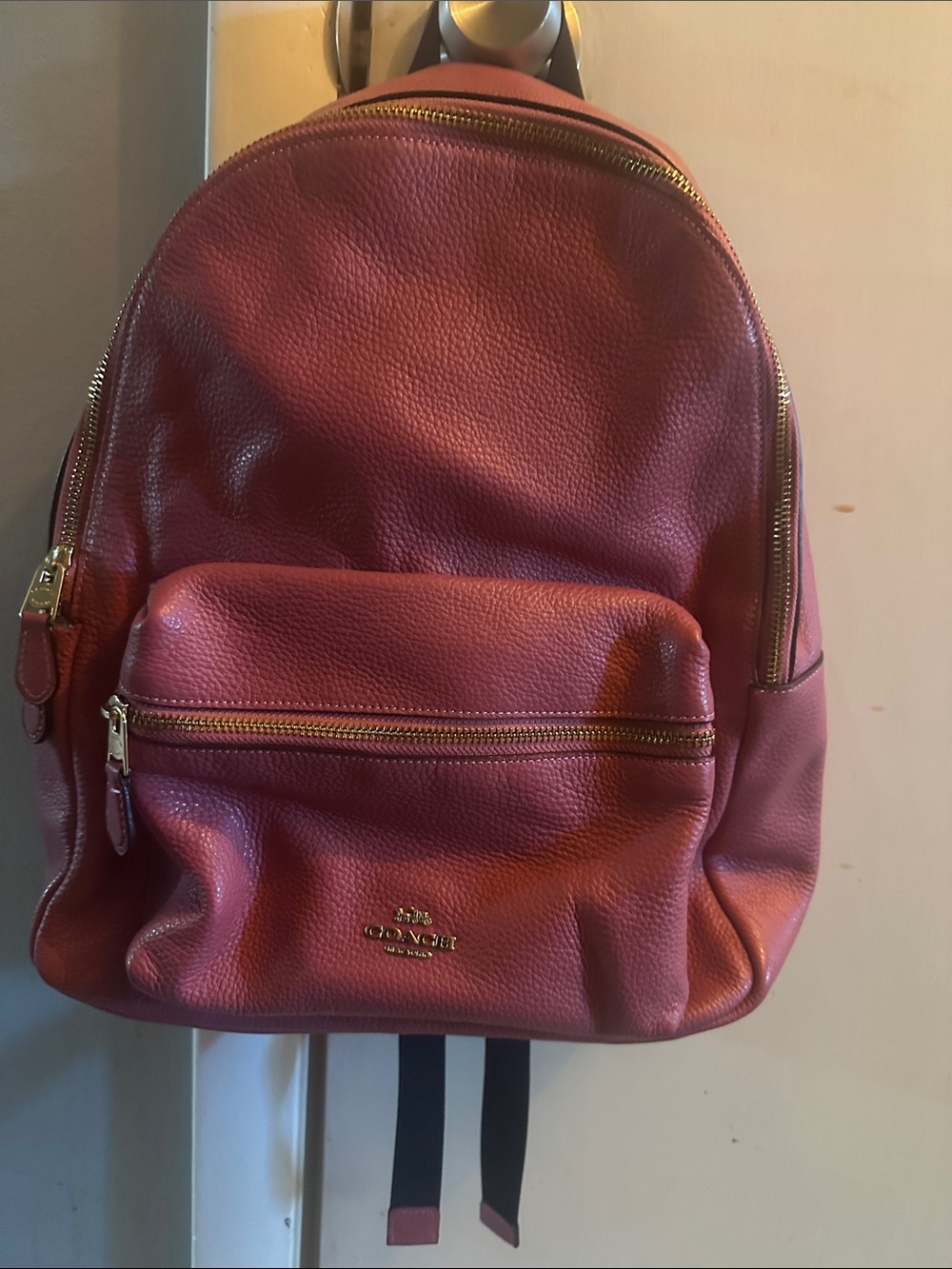 Coach Pebbled Leather Backpack in Burgundy with Gold Hardware
